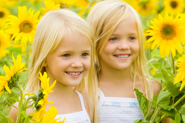 Portrait of cute female twins looking aside and smiling in sunflower field